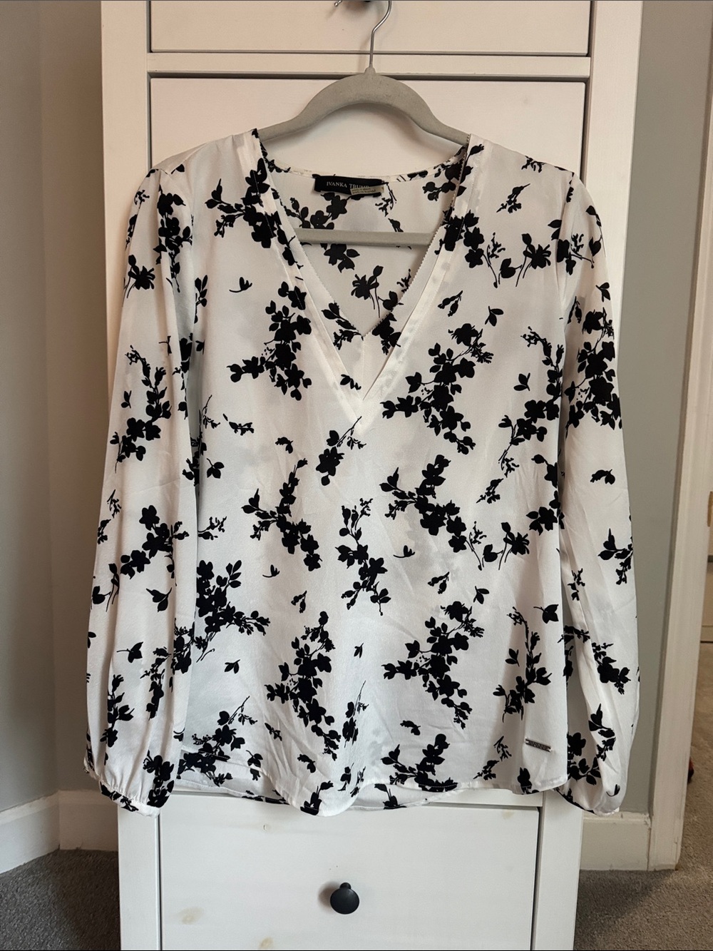White Blouse with Black Floral Print V-Neck